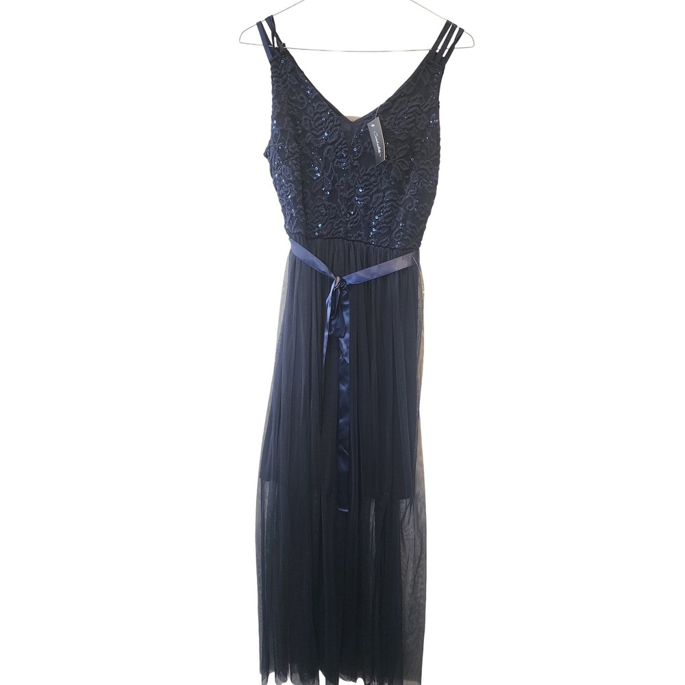Candalite Navy Blue Sequin Lace Tulle Formal Gown‎ Dress Womens M NWT